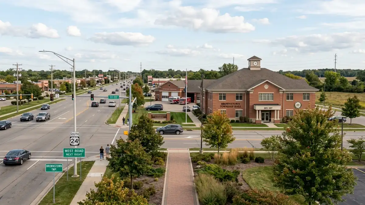 Public restroom locations mapped in Brownstown Charter Township, Michigan — 7 facilities across zip codes 48173