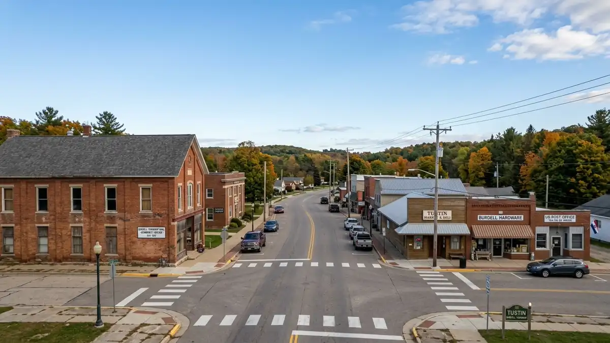 Public restroom locations mapped in Burdell Township, Michigan — 11 facilities across zip codes 49688