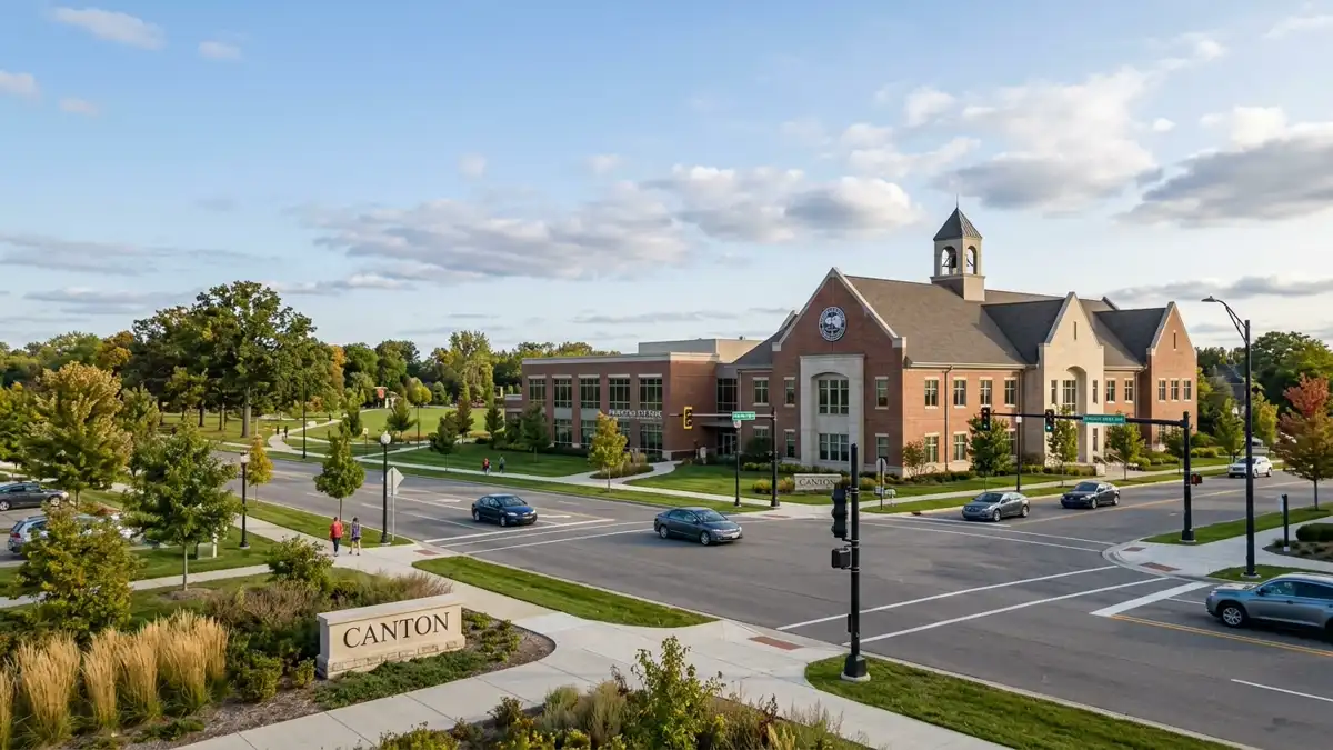 Public restroom locations mapped in Canton Township, Michigan — 24 facilities across zip codes 48111, 48187, 48188