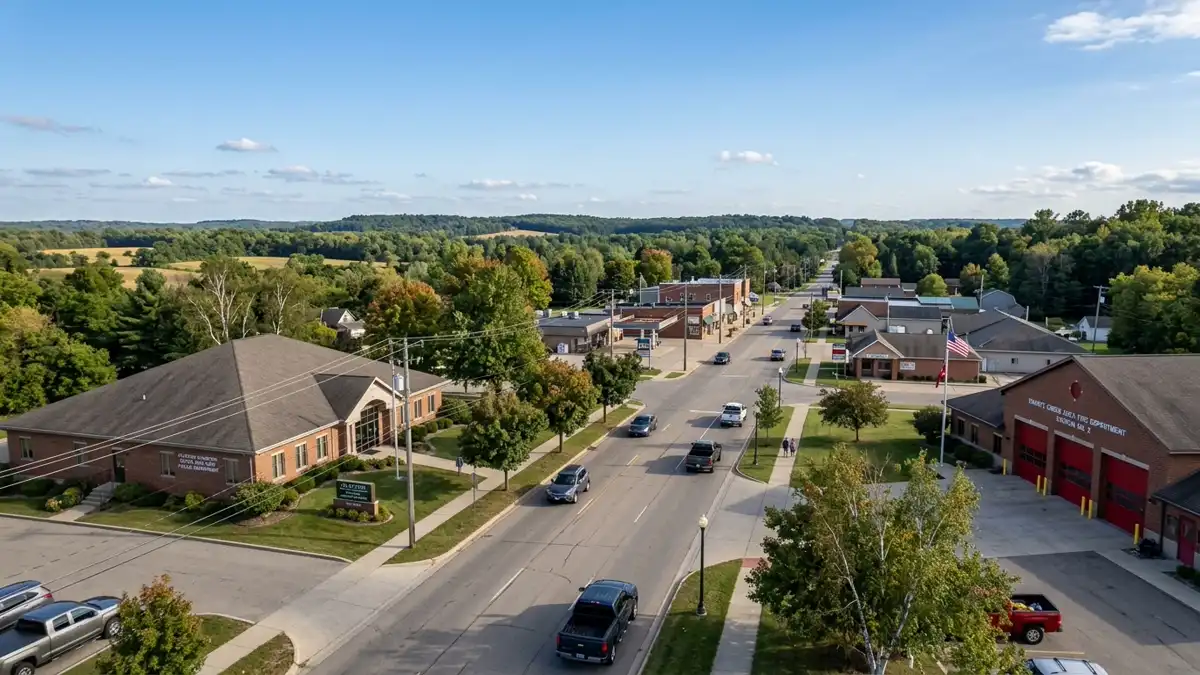 Public restroom locations mapped in Clayton Charter Township, Michigan — 16 facilities across zip codes 48449