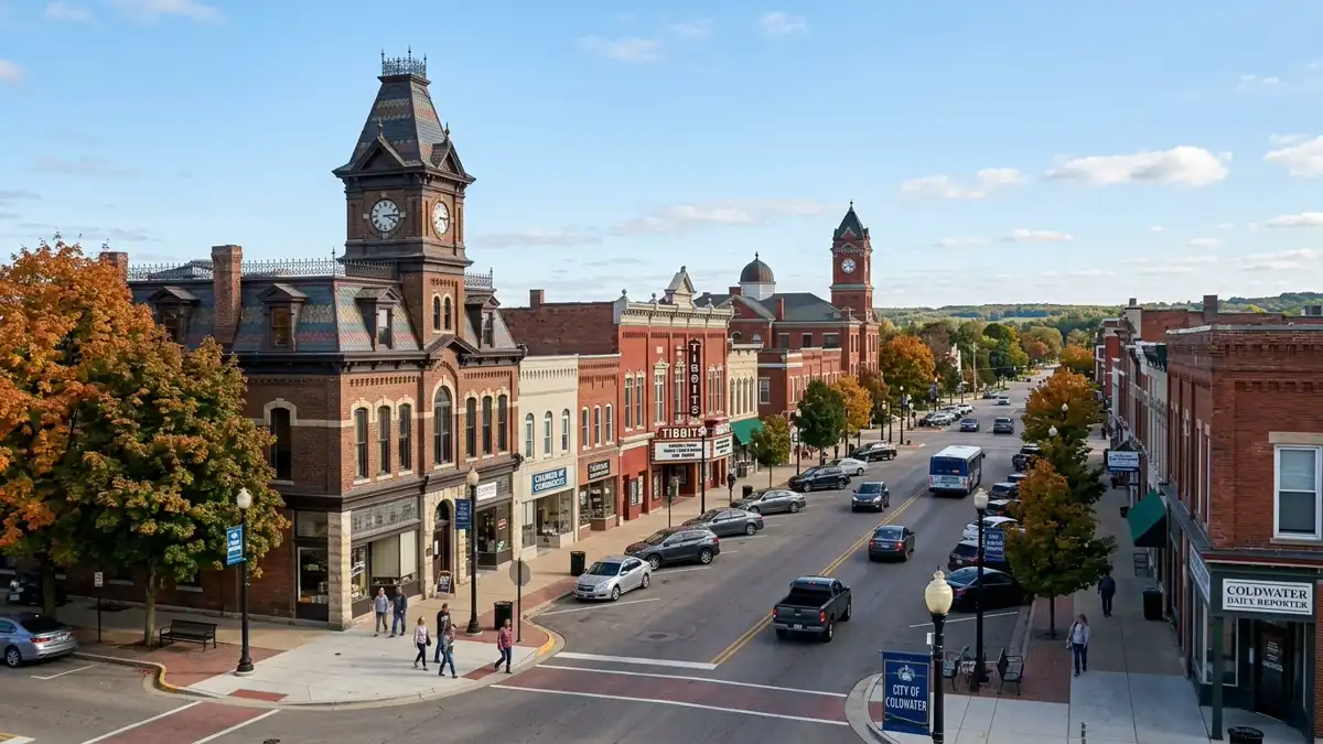 Public restroom locations mapped in Coldwater Township, Michigan — 5 facilities across zip codes 49036