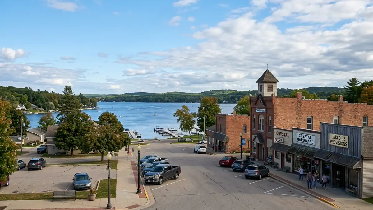 Public restroom locations mapped in Crystal Township, Michigan — 14 facilities across zip codes 48818