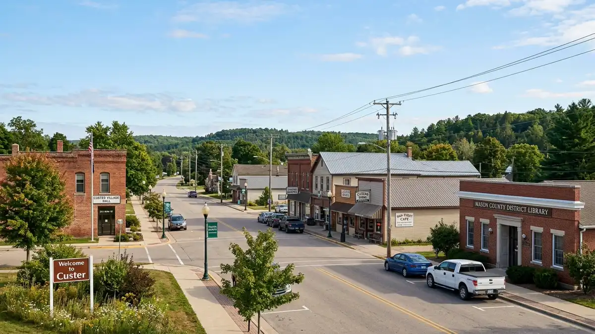 Public restroom locations mapped in Custer Township, Michigan — 18 facilities across zip codes 49405, 49615