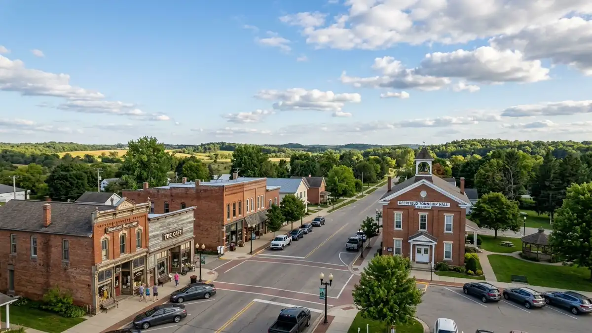 Public restroom locations mapped in Deerfield Township, Michigan — 9 facilities across zip codes 48461, 48896, 49228