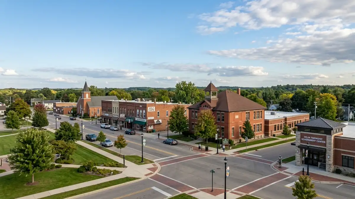 Public restroom locations mapped in Delhi Charter Township, Michigan — 20 facilities across zip codes 48842, 48864