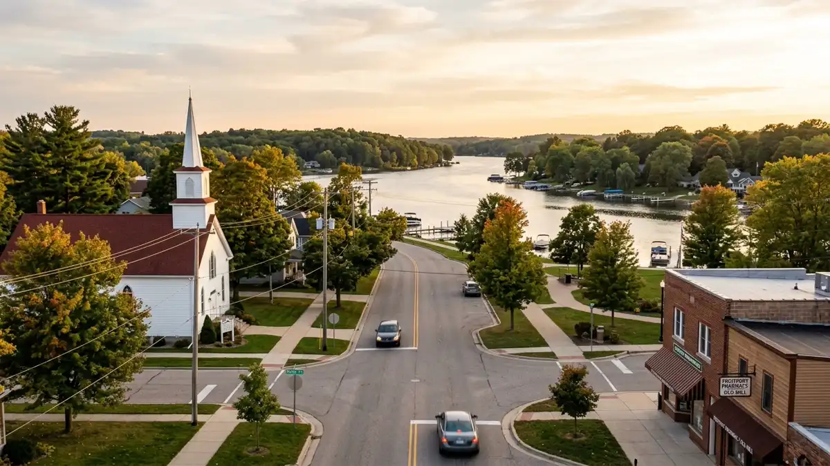 Public restroom locations mapped in Fruitport Charter Township, Michigan — 6 facilities across zip codes 49444, 49456