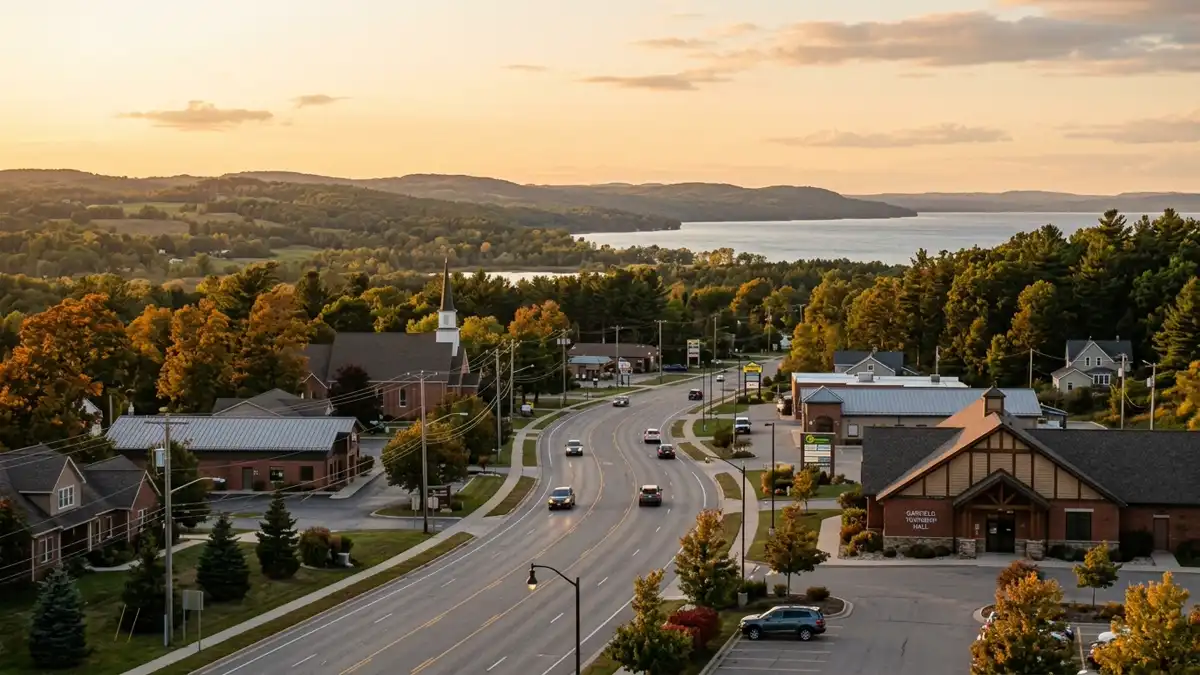 Public restroom locations mapped in Garfield Township, Michigan — 25 facilities across zip codes 48632, 48685, 49684
