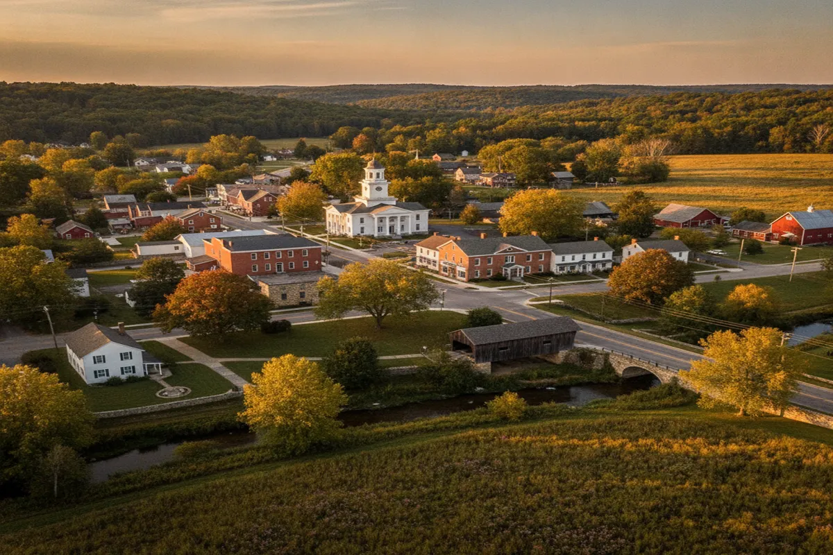 Public restroom locations mapped in Burton Village, Ohio — 18 facilities across zip codes 44021