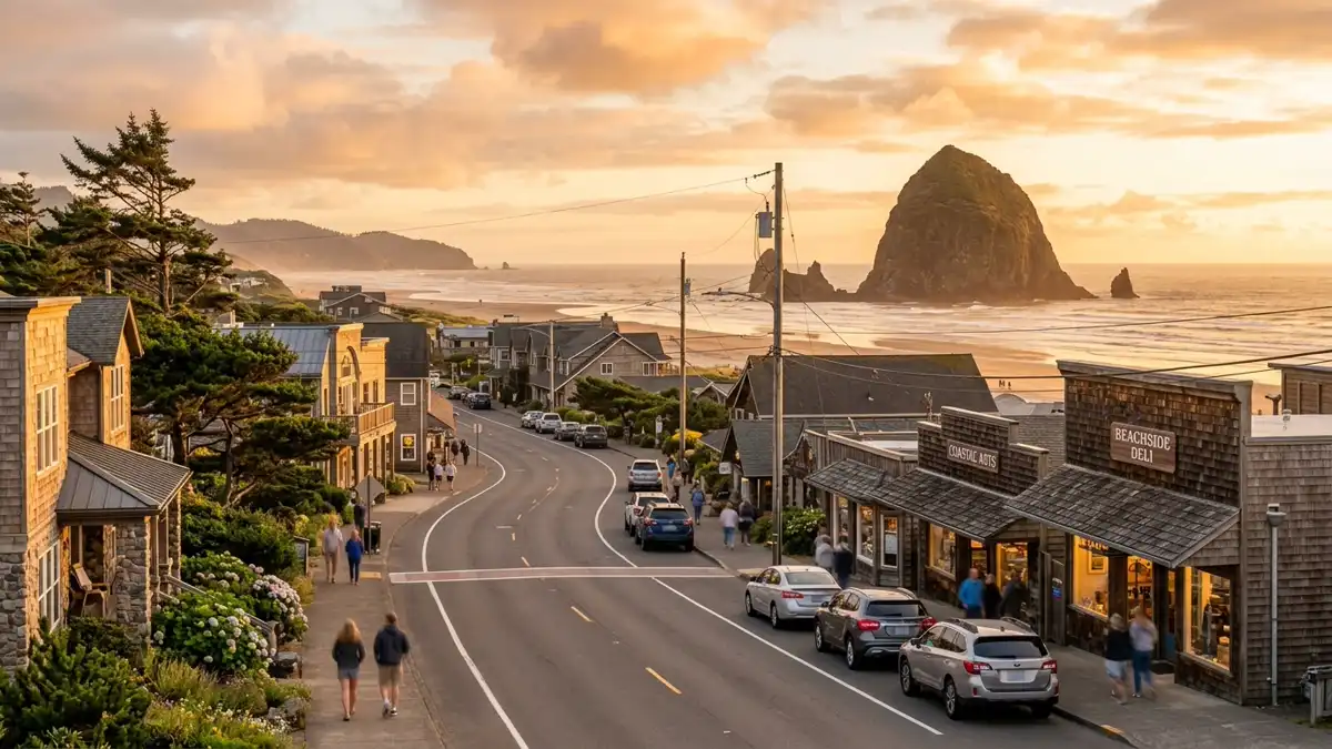 Public restroom locations mapped in Cannon Beach, Oregon — 12 facilities across zip codes 97110, 97145