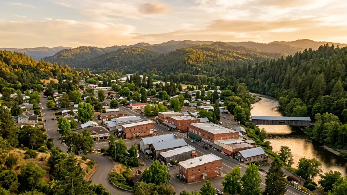 Public restroom locations mapped in Myrtle Creek, Oregon — 12 facilities across zip codes 97457