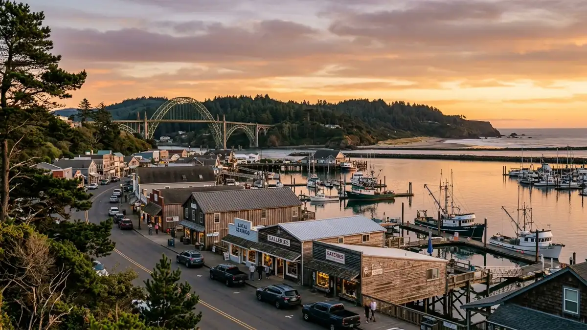 Public restroom locations mapped in Newport, Oregon — 70 facilities across zip codes 97365, 97366