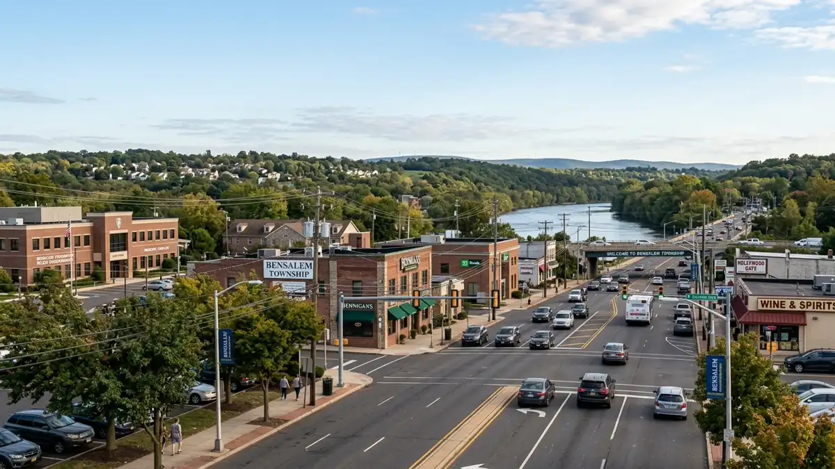 Public restroom locations mapped in Bensalem Township, Pennsylvania — 10 facilities across zip codes 08010, 19021
