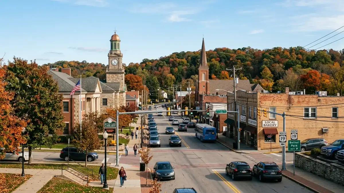 Public restroom locations mapped in Bethel Park, Pennsylvania — 19 facilities across zip codes 15102, 15129, 15236