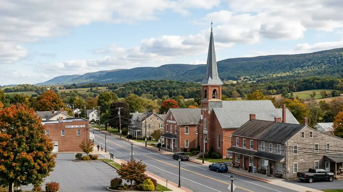 Public restroom locations mapped in Bethel Township, Pennsylvania — 12 facilities across zip codes 17026, 17267
