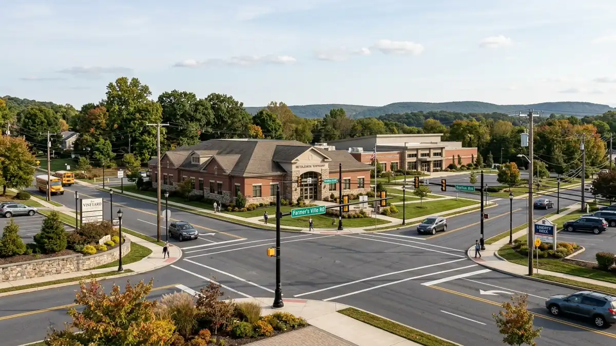 Public restroom locations mapped in Bethlehem Township, Pennsylvania — 7 facilities across zip codes 18020, 18045