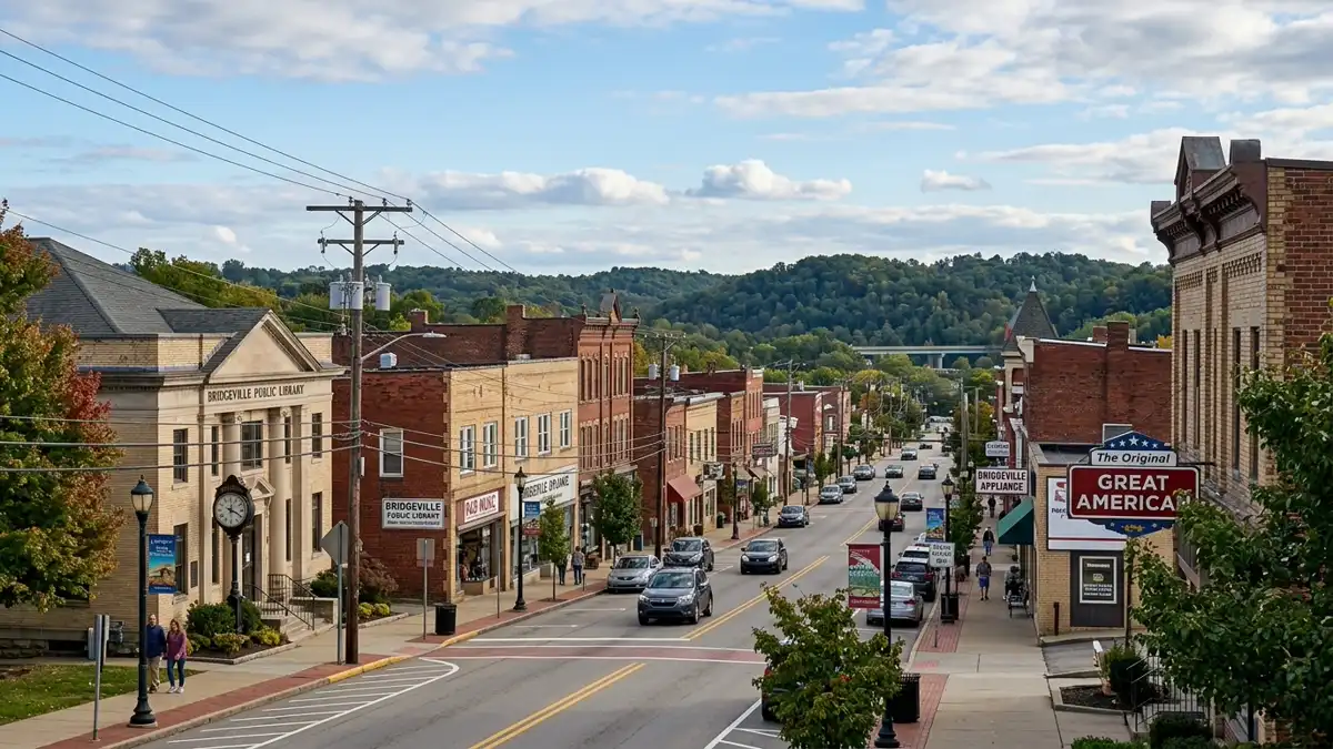 Public restroom locations mapped in Bridgeville, Pennsylvania — 5 facilities across zip codes 15017