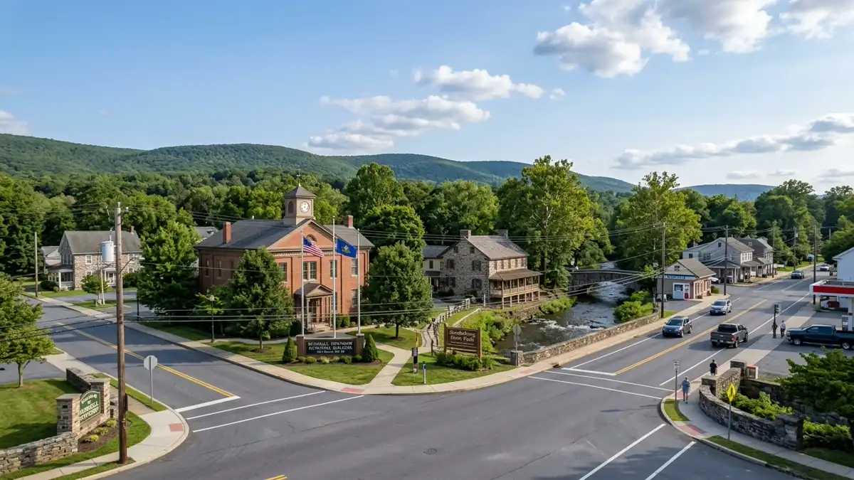 Public restroom locations mapped in Bushkill Township, Pennsylvania — 7 facilities across zip codes 18083, 18091