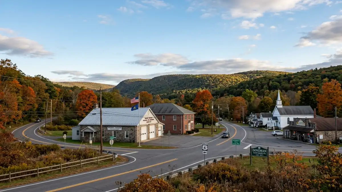 Public restroom locations mapped in Dingman Township, Pennsylvania — 12 facilities across zip codes 18337