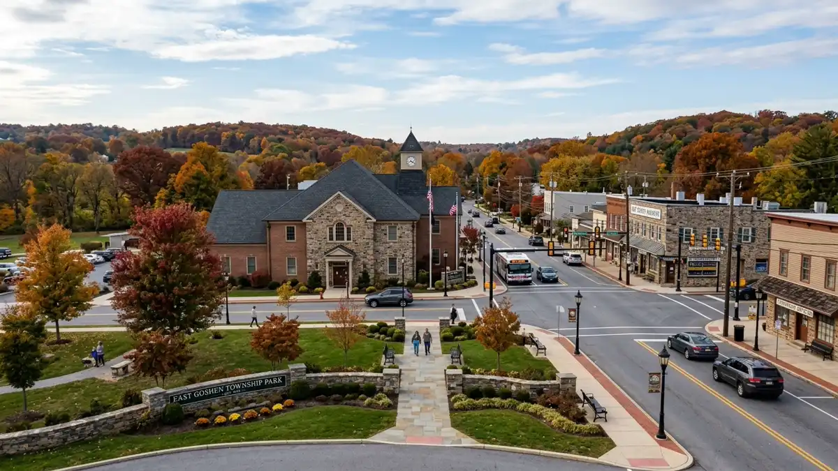 Public restroom locations mapped in East Goshen Township, Pennsylvania — 12 facilities across zip codes 19355, 19380