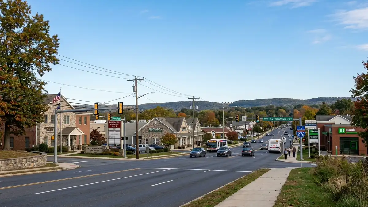 Public restroom locations mapped in East Norriton Township, Pennsylvania — 5 facilities across zip codes 19401, 19403