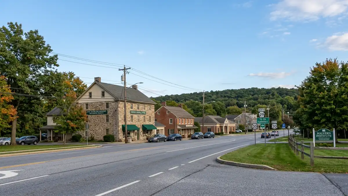 Public restroom locations mapped in East Whiteland Township, Pennsylvania — 9 facilities across zip codes 19345, 19355