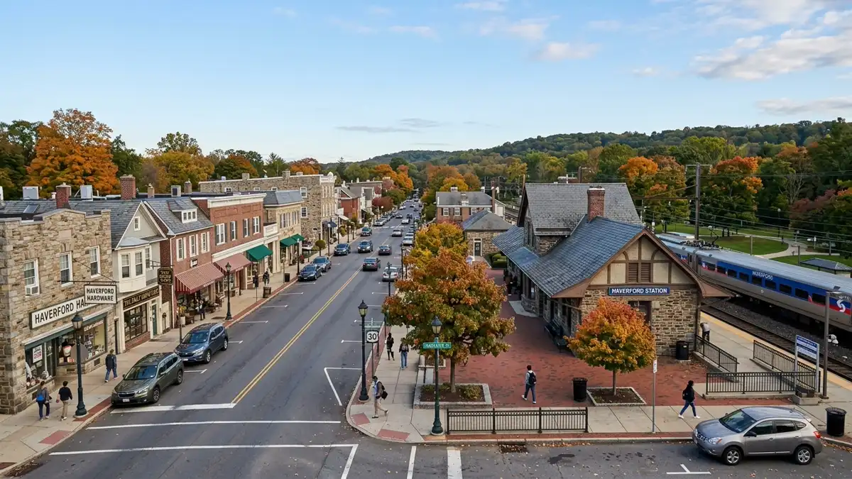 Public restroom locations mapped in Haverford Township, Pennsylvania — 18 facilities across zip codes 19083