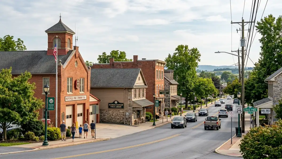 Public restroom locations mapped in Manheim Township, Pennsylvania — 12 facilities across zip codes 17329, 17575, 17601