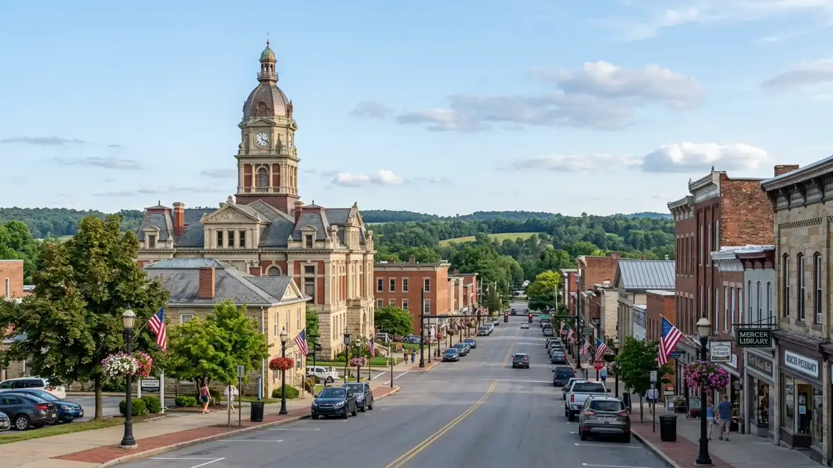 Public restroom locations mapped in Mercer, Pennsylvania — 8 facilities across zip codes 16137