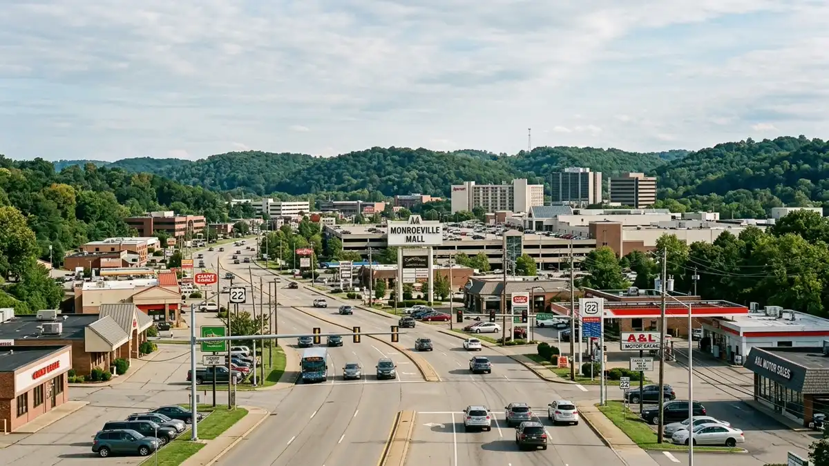 Public restroom locations mapped in Monroeville, Pennsylvania — 7 facilities across zip codes 15085, 15239