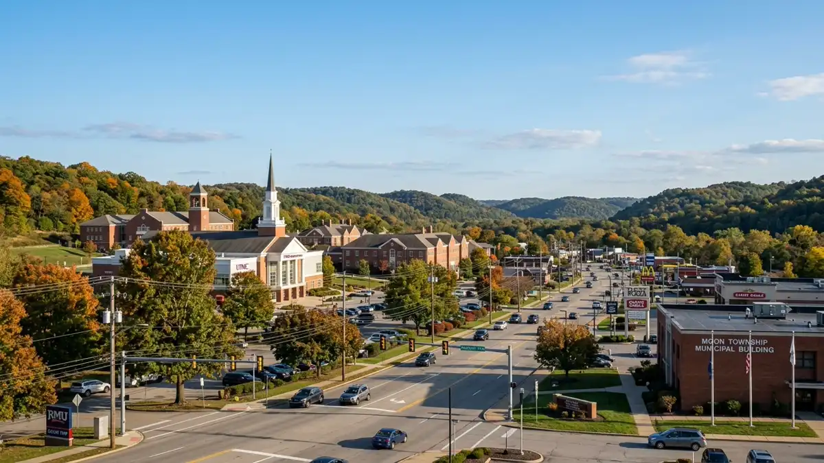 Public restroom locations mapped in Moon Township, Pennsylvania — 6 facilities across zip codes 15046, 15108