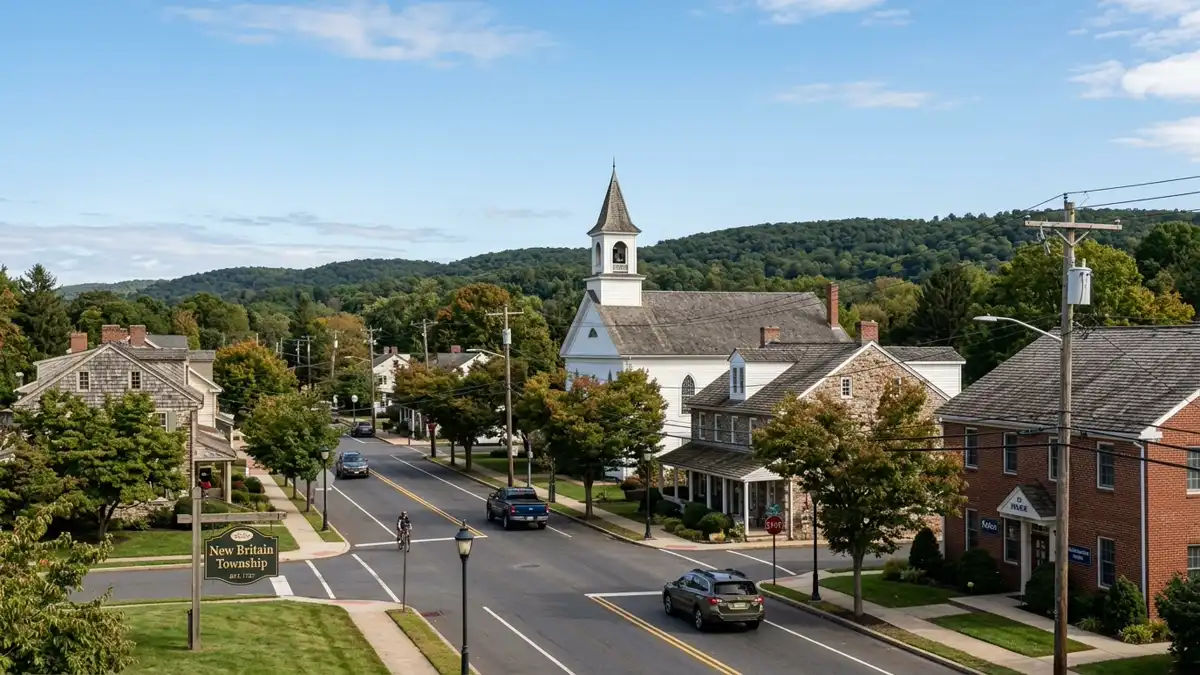 Public restroom locations mapped in New Britain Township, Pennsylvania — 39 facilities across zip codes 18194, 18915, 18923