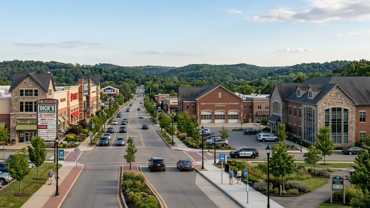 Public restroom locations mapped in North Fayette Township, Pennsylvania — 2 facilities across zip codes 15275