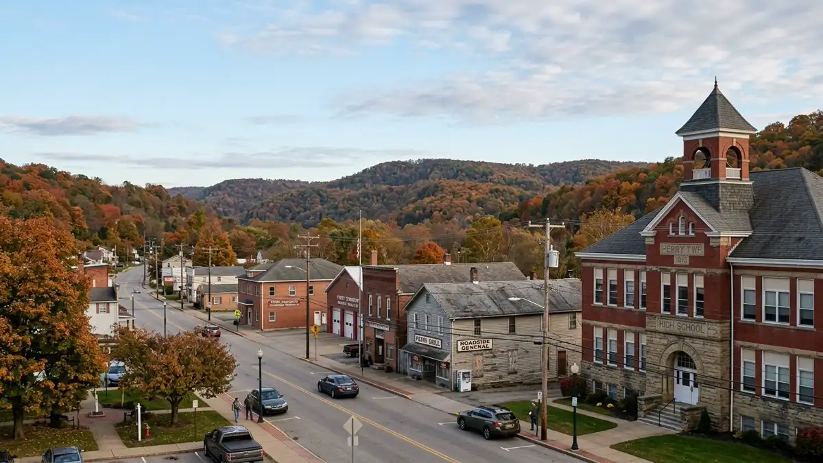Public restroom locations mapped in Perry Township, Pennsylvania — 9 facilities across zip codes 15473, 15486