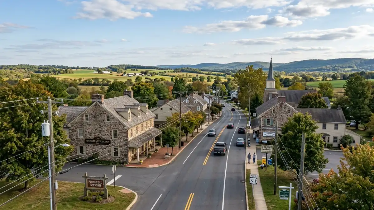Public restroom locations mapped in Plumstead Township, Pennsylvania — 107 facilities across zip codes 18947, 18950