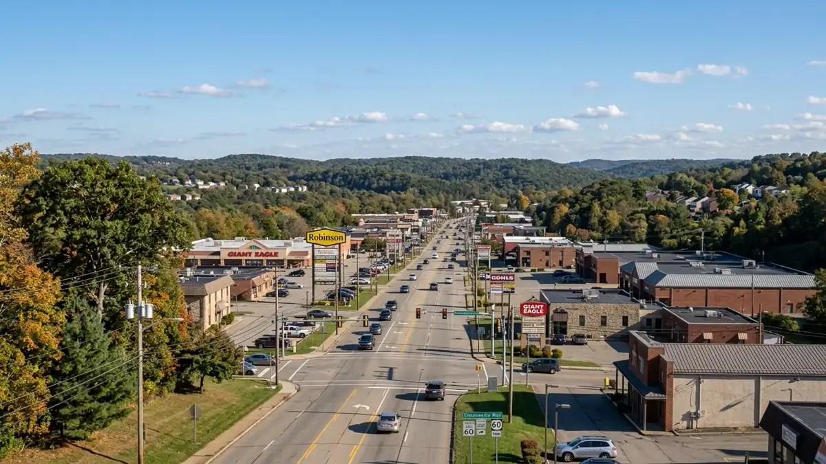 Public restroom locations mapped in Robinson Township, Pennsylvania — 9 facilities across zip codes 15071, 15108, 15244