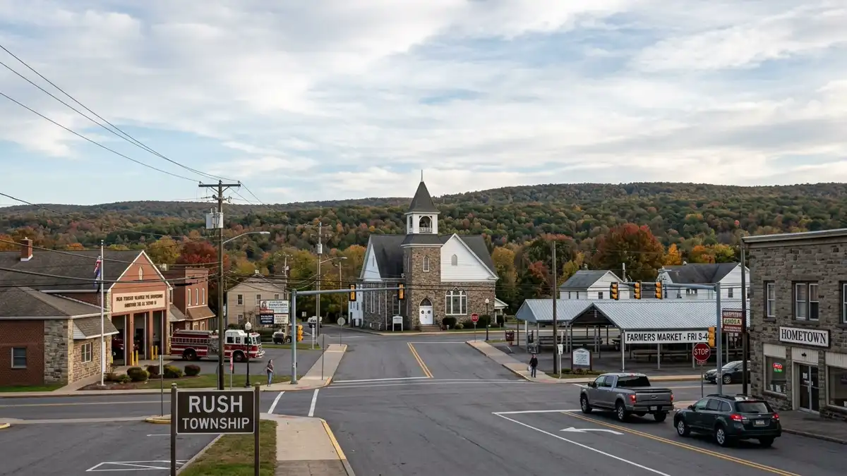 Public restroom locations mapped in Rush Township, Pennsylvania — 23 facilities across zip codes 18214