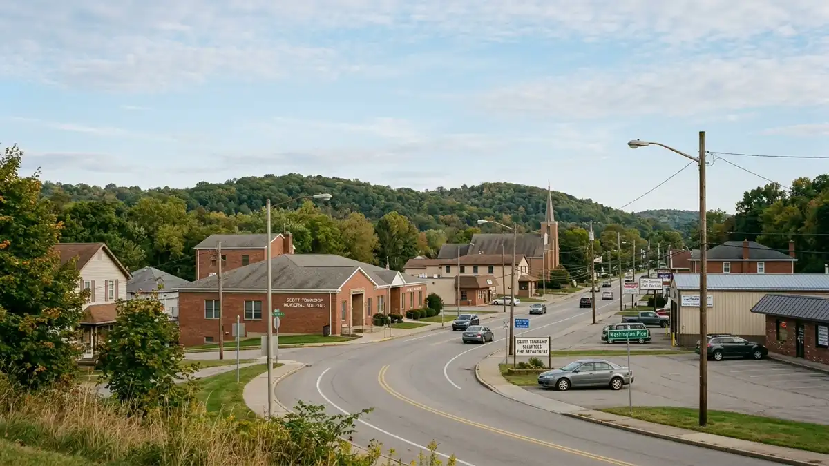 Public restroom locations mapped in Scott Township, Pennsylvania — 10 facilities across zip codes 15106, 15243, 17815