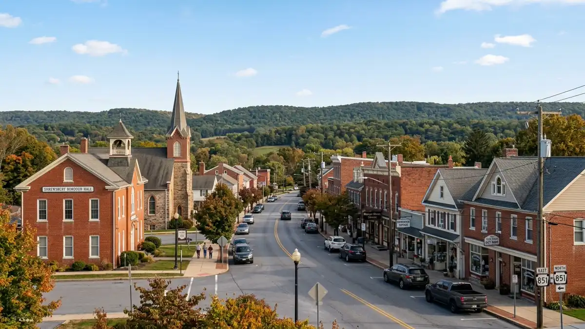 Public restroom locations mapped in Shrewsbury Township, Pennsylvania — 10 facilities across zip codes 17349, 17355, 17731