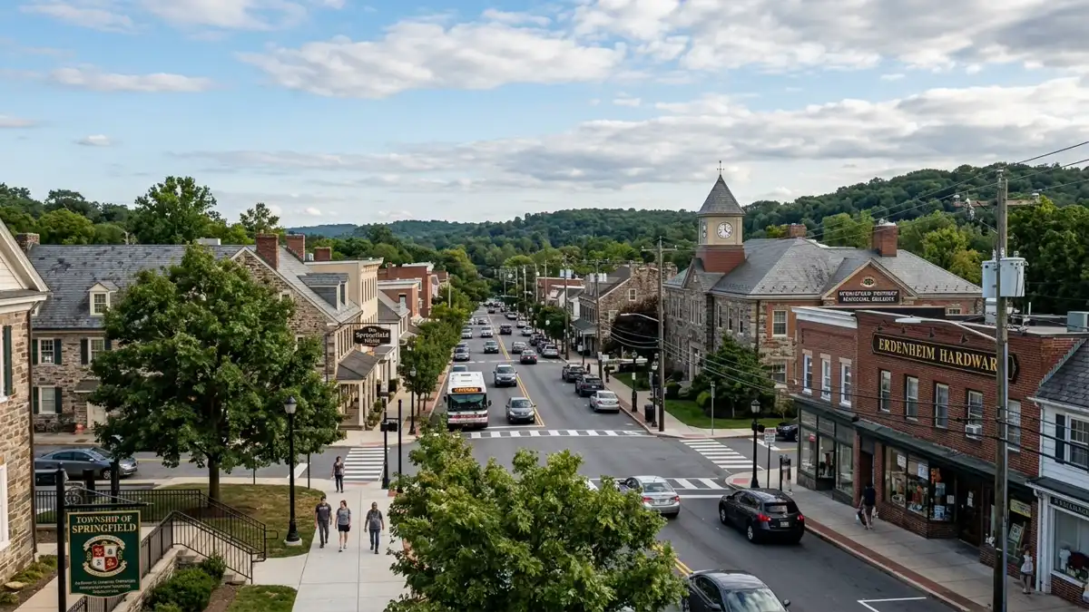 Public restroom locations mapped in Springfield Township, Pennsylvania — 38 facilities across zip codes 15464, 17327, 17360