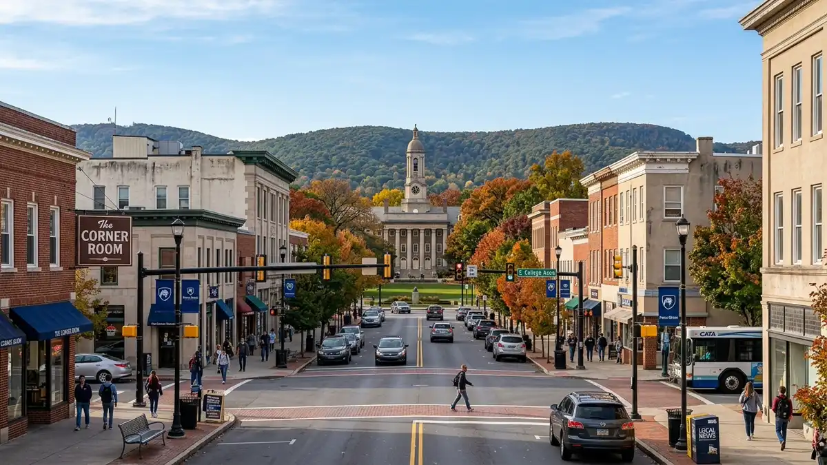 Public restroom locations mapped in State College, Pennsylvania — 51 facilities across zip codes 16801, 16802