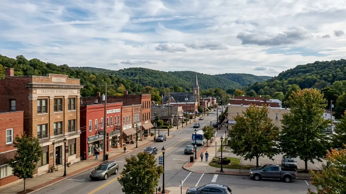 Public restroom locations mapped in Trafford, Pennsylvania — 6 facilities across zip codes 15085