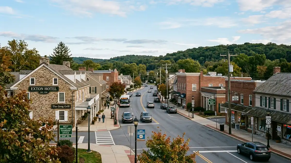 Public restroom locations mapped in West Whiteland Township, Pennsylvania — 28 facilities across zip codes 19341, 19381