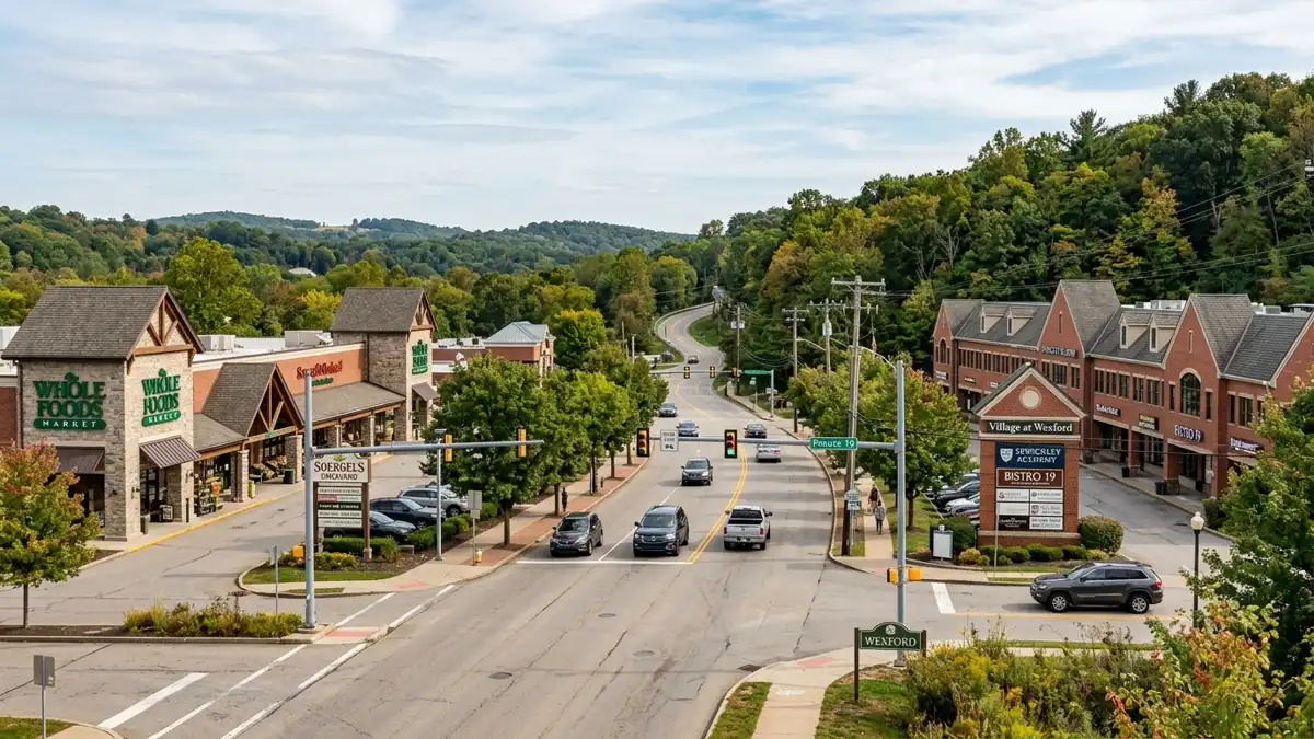 Public restroom locations mapped in Wexford, Pennsylvania — 5 facilities across zip codes 15090, 15101