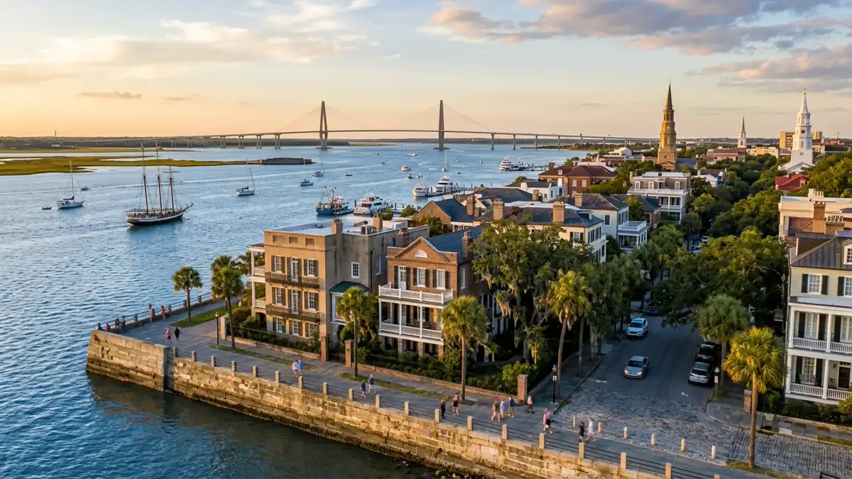 Public restroom locations mapped in Charleston, South Carolina — 65 facilities across zip codes 29401, 29403, 29407