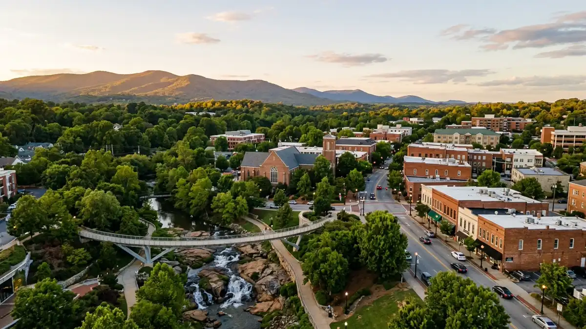 Public restroom locations mapped in Greenville County, South Carolina — 17 facilities across zip codes 29609, 29615, 29617