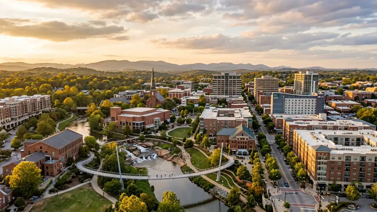 Public restroom locations mapped in Greenville, South Carolina — 58 facilities across zip codes 29601, 29602, 29605