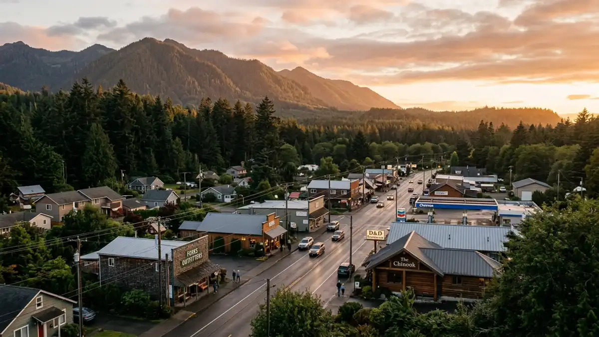 Public restroom locations mapped in Forks, Washington — 10 facilities across the city