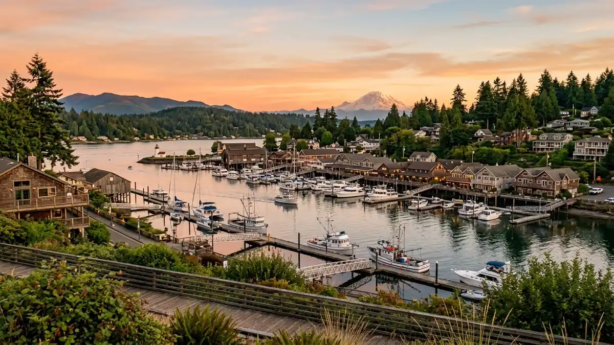 Public restroom locations mapped in Gig Harbor, Washington — 45 facilities across zip codes 98332, 98335
