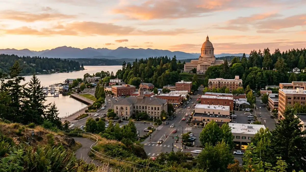 Public restroom locations mapped in Thurston County, Washington — 82 facilities across zip codes 98351, 98506, 98512