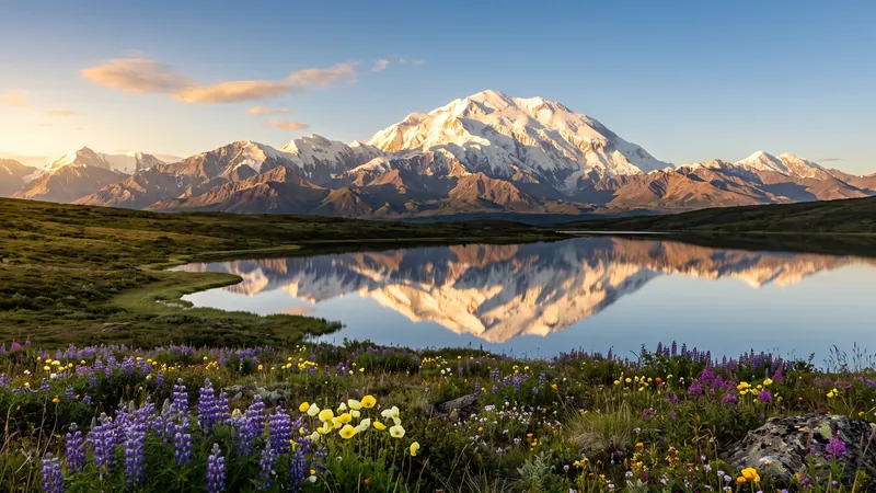 Snow-capped Denali reflected in Wonder Lake at golden hour, Alaska